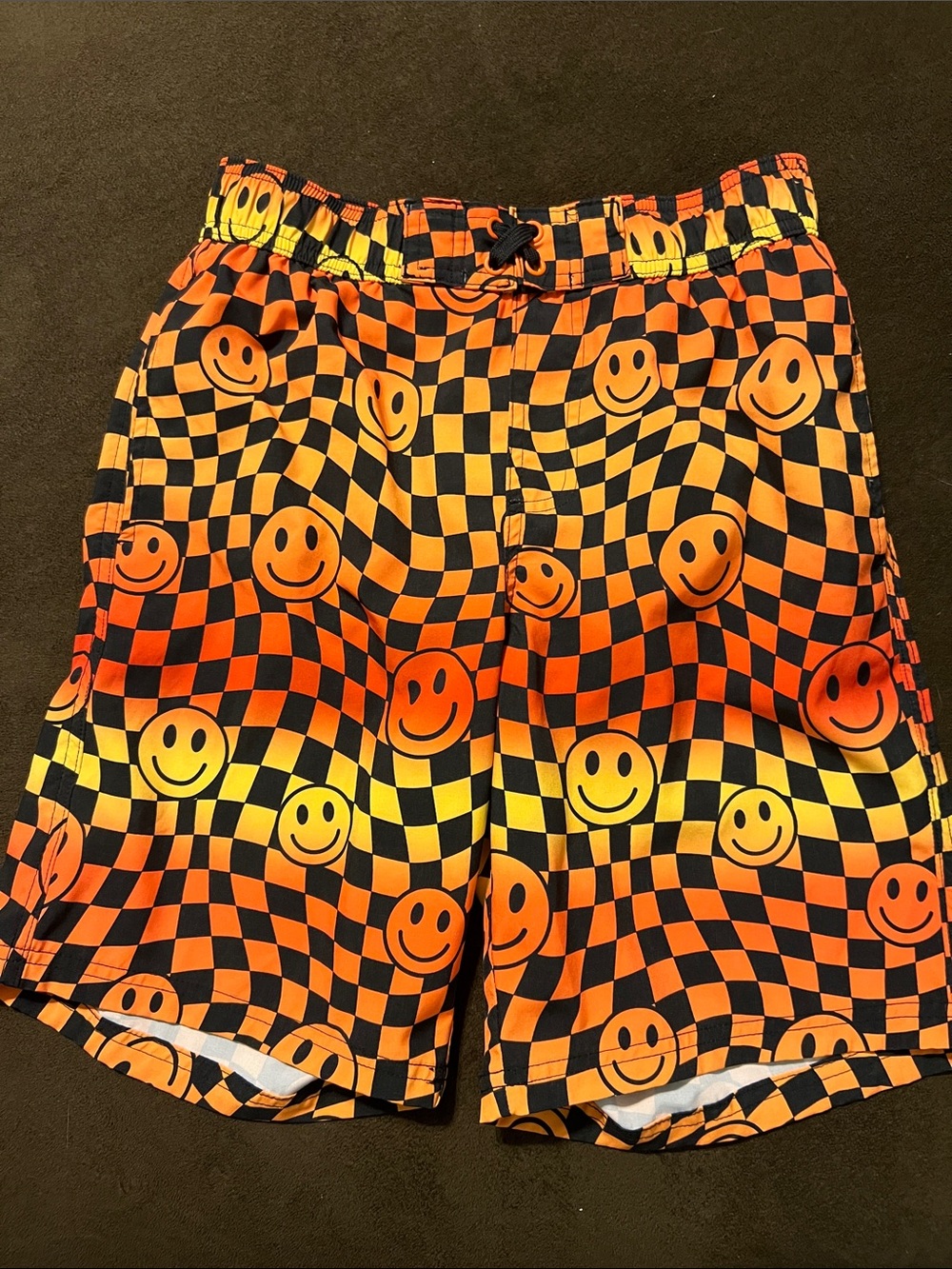 Smiley Face Checkerboard Swim Shorts - Orange & Yellow